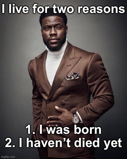 Life lessons by me | I live for two reasons; 1. I was born
2. I haven’t died yet | image tagged in kevin hart | made w/ Imgflip meme maker