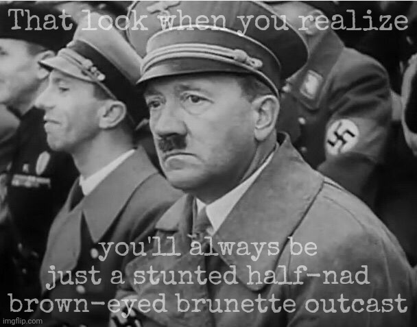 sad hitler | That look when you realize; you'll always be just a stunted half-nad brown-eyed brunette outcast | image tagged in sad hitler | made w/ Imgflip meme maker