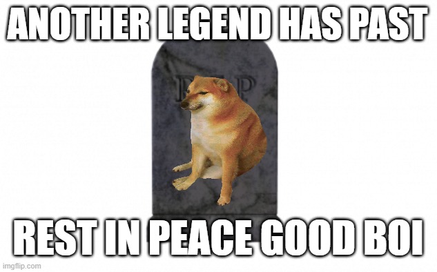 i made this meme JUST to respect this good boi's passing | ANOTHER LEGEND HAS PAST; REST IN PEACE GOOD BOI | image tagged in rip,buff doge vs cheems | made w/ Imgflip meme maker