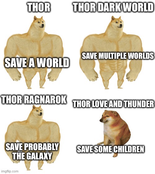 Quite the difference | THOR            THOR DARK WORLD; SAVE MULTIPLE WORLDS; SAVE A WORLD; THOR RAGNAROK; THOR LOVE AND THUNDER; SAVE PROBABLY THE GALAXY; SAVE SOME CHILDREN | image tagged in buff doge vs cheems | made w/ Imgflip meme maker