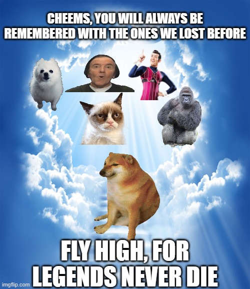 Cheems | CHEEMS, YOU WILL ALWAYS BE REMEMBERED WITH THE ONES WE LOST BEFORE; FLY HIGH, FOR LEGENDS NEVER DIE | image tagged in heaven,sorry | made w/ Imgflip meme maker