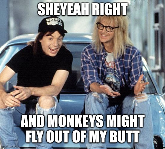 Monkees | SHEYEAH RIGHT; AND MONKEYS MIGHT FLY OUT OF MY BUTT | image tagged in waynes world | made w/ Imgflip meme maker