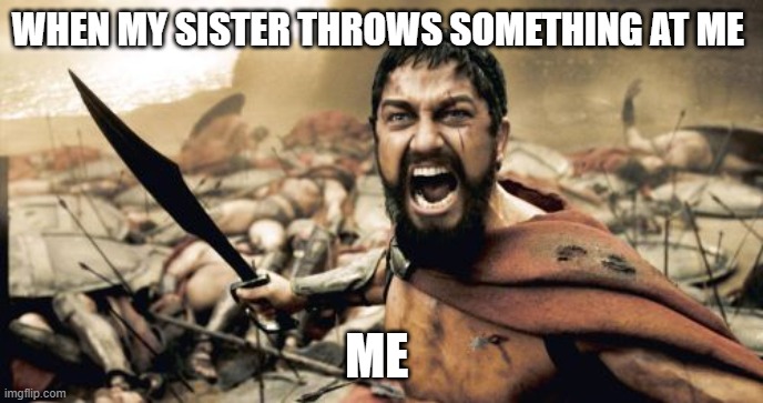 Sparta Leonidas Meme | WHEN MY SISTER THROWS SOMETHING AT ME; ME | image tagged in memes,sparta leonidas | made w/ Imgflip meme maker