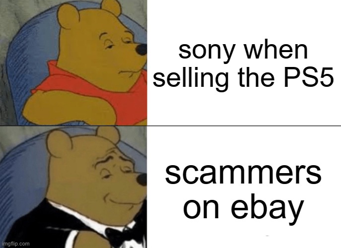 it's simply too good to be true | sony when selling the PS5; scammers on ebay | image tagged in memes,tuxedo winnie the pooh | made w/ Imgflip meme maker
