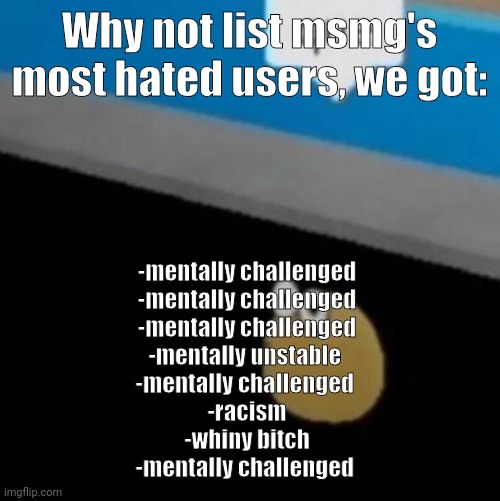 que | Why not list msmg's most hated users, we got:; -mentally challenged
-mentally challenged
-mentally challenged
-mentally unstable 
-mentally challenged 
-racism
-whiny bitch
-mentally challenged | image tagged in que | made w/ Imgflip meme maker