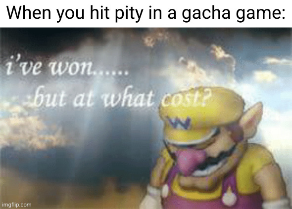 that's how they gecha | When you hit pity in a gacha game: | image tagged in i've won but at what cost | made w/ Imgflip meme maker