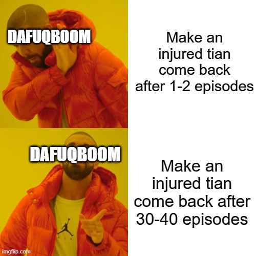 Skibdi Toilet meme 1.01 | Make an injured tian come back after 1-2 episodes; DAFUQBOOM; Make an injured tian come back after 30-40 episodes; DAFUQBOOM | image tagged in memes,drake hotline bling,skibidi toilet | made w/ Imgflip meme maker