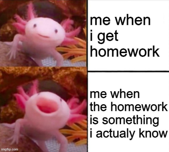me With Homework | me when i get homework; me when the homework is something i actualy know | image tagged in axolotl drake | made w/ Imgflip meme maker