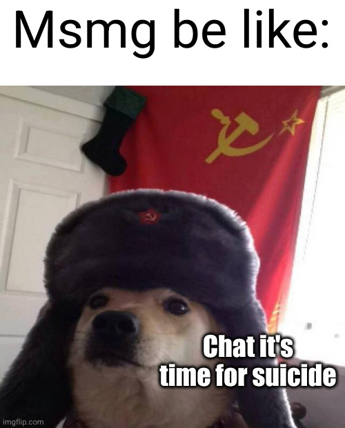 msmg needs to cheer up | Msmg be like:; Chat it's time for suicide | image tagged in russian doge,suicide,depression,cheems,announcement,so true | made w/ Imgflip meme maker