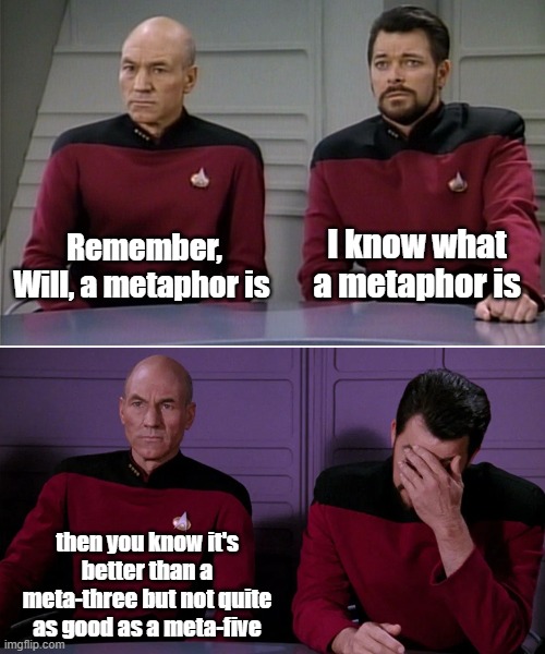 Picard Riker listening to a pun | Remember, Will, a metaphor is; I know what a metaphor is; then you know it's better than a meta-three but not quite as good as a meta-five | image tagged in picard riker listening to a pun | made w/ Imgflip meme maker