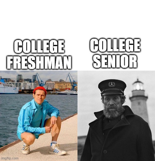College Students be like... | COLLEGE SENIOR; COLLEGE FRESHMAN | image tagged in memes,blank transparent square,fresh willem dafoe vs lighthouse willem dafoe | made w/ Imgflip meme maker
