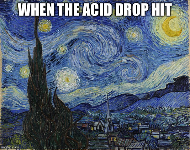 "Van Gogh - Starry Night - Google Art Project" by Vincent van Go | WHEN THE ACID DROP HIT | image tagged in van gogh - starry night - google art project by vincent van go | made w/ Imgflip meme maker