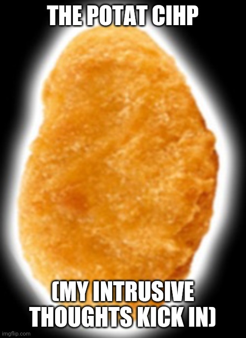 Potat cihp | THE POTAT CIHP; (MY INTRUSIVE THOUGHTS KICK IN) | image tagged in potat cihp | made w/ Imgflip meme maker