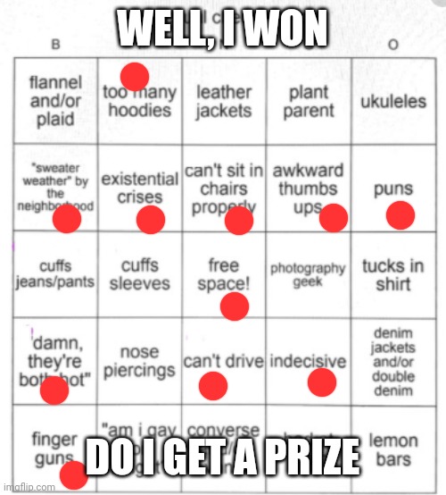 Bisexual Bingo | WELL, I WON; DO I GET A PRIZE | image tagged in bisexual bingo | made w/ Imgflip meme maker