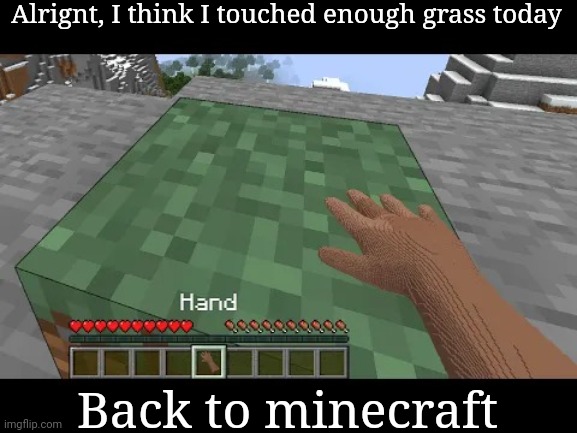 Hand touching Minecraft grass block | Alrignt, I think I touched enough grass today; Back to minecraft | image tagged in hand touching minecraft grass block,touch grass,minecraft,memes | made w/ Imgflip meme maker