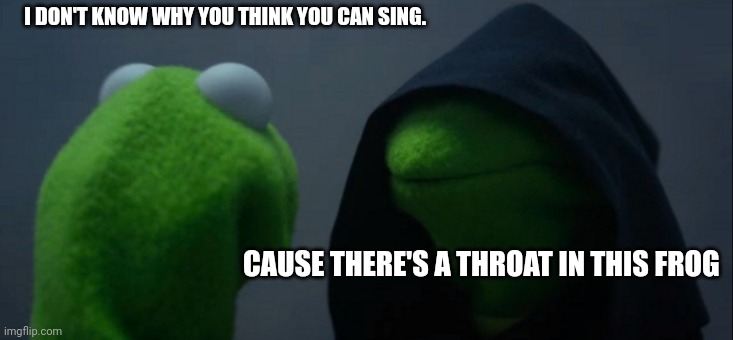 Evil Kermit Meme | I DON'T KNOW WHY YOU THINK YOU CAN SING. CAUSE THERE'S A THROAT IN THIS FROG | image tagged in memes,evil kermit | made w/ Imgflip meme maker