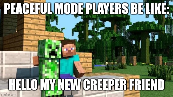 Peaceful players | PEACEFUL MODE PLAYERS BE LIKE:; HELLO MY NEW CREEPER FRIEND | image tagged in minecraft friendship,minecraft,minecraft memes | made w/ Imgflip meme maker