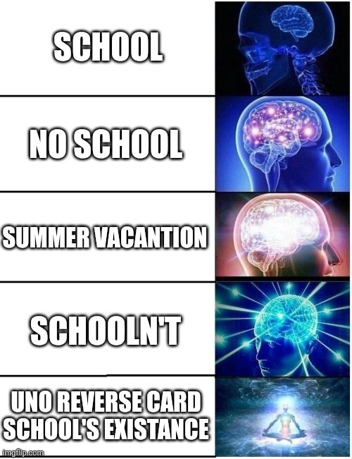 Expanding Brain 5 Panel | SCHOOL; NO SCHOOL; SUMMER VACANTION; SCHOOLN'T; UNO REVERSE CARD SCHOOL'S EXISTANCE | image tagged in expanding brain 5 panel | made w/ Imgflip meme maker