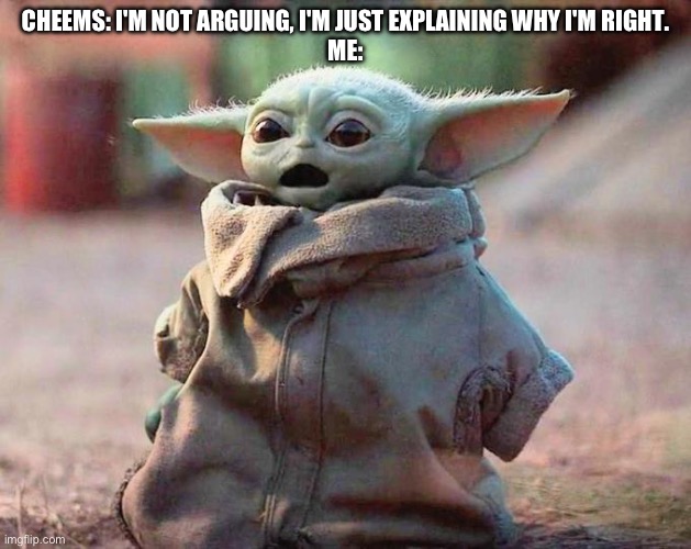 Surprised Baby Yoda | CHEEMS: I'M NOT ARGUING, I'M JUST EXPLAINING WHY I'M RIGHT.
ME: | image tagged in surprised baby yoda | made w/ Imgflip meme maker