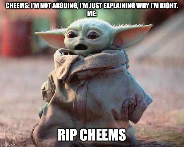 Surprised Baby Yoda | CHEEMS: I'M NOT ARGUING, I'M JUST EXPLAINING WHY I'M RIGHT.
ME:; RIP CHEEMS | image tagged in surprised baby yoda | made w/ Imgflip meme maker