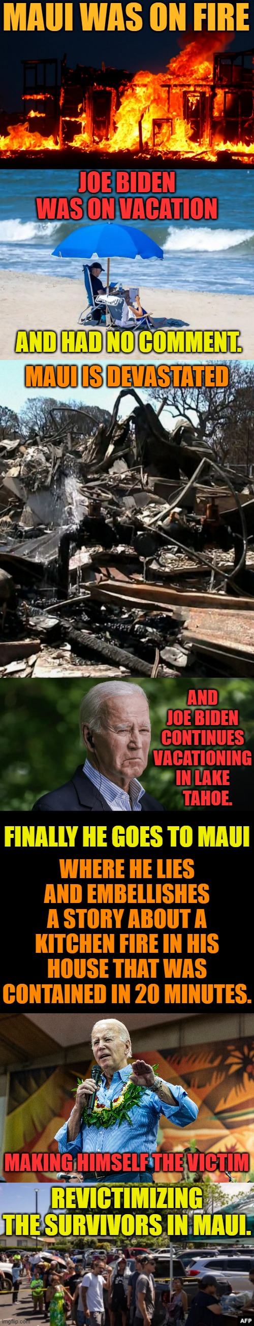 And You Wonder Why They Didn't Want Him To Come? | MAUI WAS ON FIRE; JOE BIDEN WAS ON VACATION; AND HAD NO COMMENT. MAUI IS DEVASTATED; AND JOE BIDEN CONTINUES VACATIONING IN LAKE    TAHOE. WHERE HE LIES AND EMBELLISHES A STORY ABOUT A KITCHEN FIRE IN HIS HOUSE THAT WAS CONTAINED IN 20 MINUTES. FINALLY HE GOES TO MAUI; MAKING HIMSELF THE VICTIM; REVICTIMIZING THE SURVIVORS IN MAUI. | image tagged in memes,politics,joe biden,victim,maui,fire | made w/ Imgflip meme maker