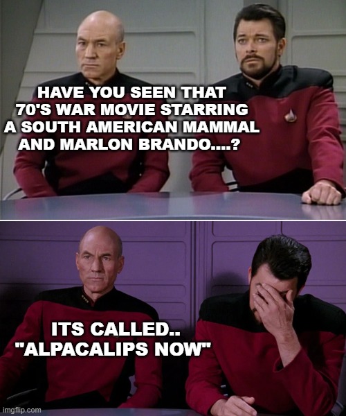 I love the smell of dung in the morning | HAVE YOU SEEN THAT 70'S WAR MOVIE STARRING A SOUTH AMERICAN MAMMAL  AND MARLON BRANDO....? ITS CALLED.. "ALPACALIPS NOW" | image tagged in picard riker listening to a pun | made w/ Imgflip meme maker