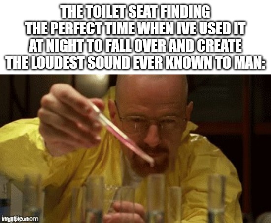 I swear the fear watching it fall down is unbearable | THE TOILET SEAT FINDING THE PERFECT TIME WHEN IVE USED IT AT NIGHT TO FALL OVER AND CREATE THE LOUDEST SOUND EVER KNOWN TO MAN: | image tagged in walter white cooking,toilet seat,toilet,memes,funny,dank memes | made w/ Imgflip meme maker