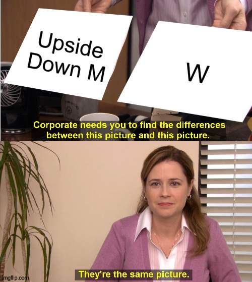 ɘɿυtↄiq ɘməƨ ɘʜt ɘɿ'γɘʜt | Upside Down M; W | image tagged in memes,they're the same picture,letters,letter,alphabet,alphabets | made w/ Imgflip meme maker