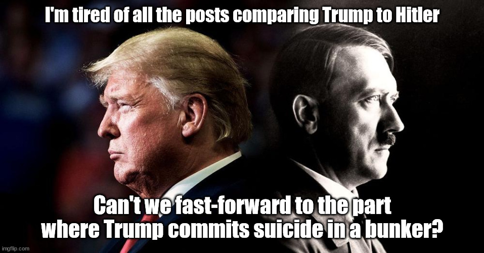 Trump-Hitler comparison | I'm tired of all the posts comparing Trump to Hitler; Can't we fast-forward to the part where Trump commits suicide in a bunker? | image tagged in donald trump,trump,hitler | made w/ Imgflip meme maker