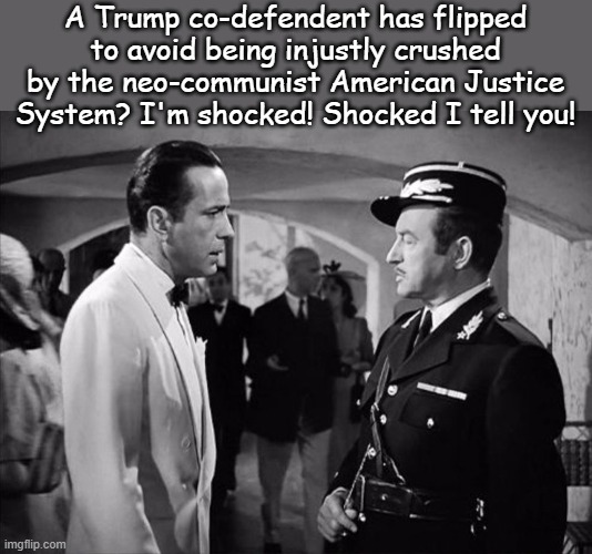 Just another day in Biden Country. | A Trump co-defendent has flipped to avoid being injustly crushed by the neo-communist American Justice System? I'm shocked! Shocked I tell you! | image tagged in casablanca - shocked | made w/ Imgflip meme maker