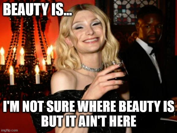 BEAUTY IS... I'M NOT SURE WHERE BEAUTY IS
BUT IT AIN'T HERE | image tagged in makeup failure | made w/ Imgflip meme maker