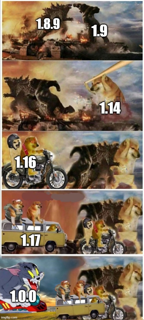 Hardest Version | 1.9; 1.8.9; 1.14; 1.16; 1.17; 1.0.0 | image tagged in godzilla vs king kong vs doge vs buff doge vs tom,memes,doge | made w/ Imgflip meme maker