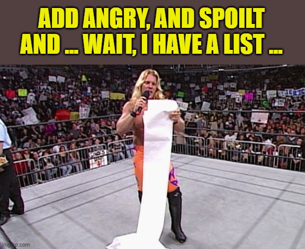 wwe long list | ADD ANGRY, AND SPOILT AND ... WAIT, I HAVE A LIST ... | image tagged in wwe long list | made w/ Imgflip meme maker
