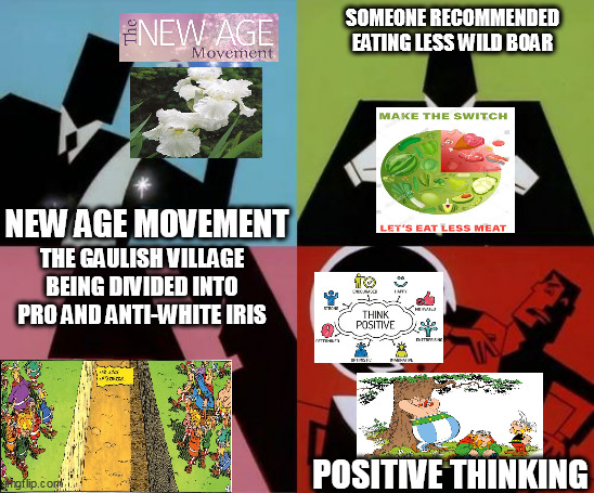 Doing time for Asterix & The White Iris in the nutshell | SOMEONE RECOMMENDED EATING LESS WILD BOAR; NEW AGE MOVEMENT; THE GAULISH VILLAGE BEING DIVIDED INTO PRO AND ANTI-WHITE IRIS; POSITIVE THINKING | image tagged in powerpuff girls creation,asterix,positive thinking,new age | made w/ Imgflip meme maker