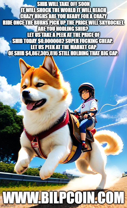 SHIB WILL TAKE OFF SOON IT WILL SHOCK THE WORLD IT WILL REACH CRAZY HIGHS ARE YOU READY FOR A CRAZY RIDE ONCE THE BURNS PICK UP THE PRICE WILL SKYROCKET.
ARE YOU HODLING SHIB? 
LET US TAKE A PEEK AT THE PRICE OF SHIB TODAY $0.0000082 SUPER FUCKING CHEAP.  
LET US PEEK AT THE MARKET CAP OF SHIB $4,867,305,816 STILL HOLDING THAT BIG CAP. WWW.BILPCOIN.COM | made w/ Imgflip meme maker