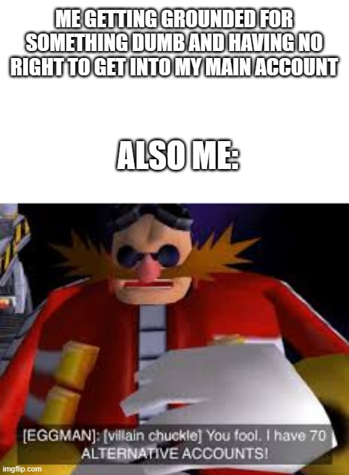 An new experience fo rthe 69 accounts | ME GETTING GROUNDED FOR SOMETHING DUMB AND HAVING NO RIGHT TO GET INTO MY MAIN ACCOUNT; ALSO ME: | image tagged in eggman alternative accounts | made w/ Imgflip meme maker