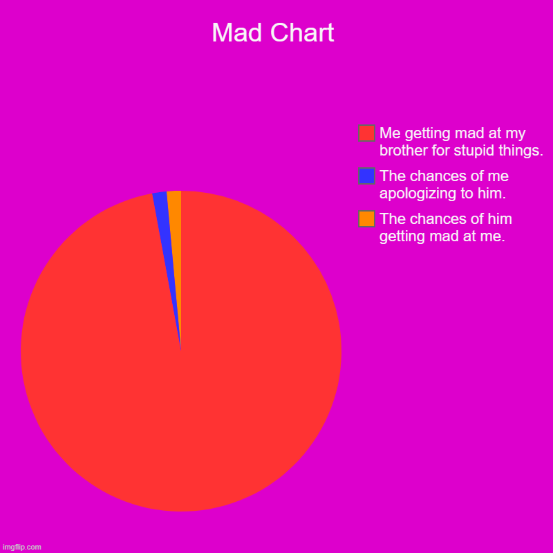 Mad Chart | The chances of him getting mad at me., The chances of me apologizing to him., Me getting mad at my brother for stupid things. | image tagged in charts,pie charts | made w/ Imgflip chart maker