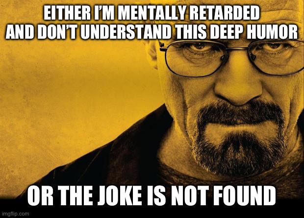 Breaking bad | EITHER I’M MENTALLY RETARDED AND DON’T UNDERSTAND THIS DEEP HUMOR OR THE JOKE IS NOT FOUND | image tagged in breaking bad | made w/ Imgflip meme maker