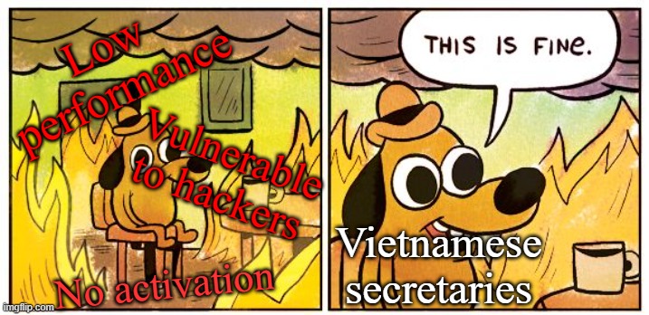 Vietnam sucks | Low performance; Vulnerable to hackers; Vietnamese secretaries; No activation | image tagged in memes,this is fine | made w/ Imgflip meme maker