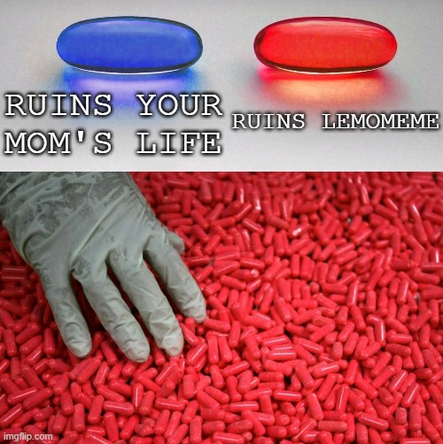 Get the pill | RUINS YOUR MOM'S LIFE; RUINS LEMOMEME | image tagged in blue or red pill | made w/ Imgflip meme maker