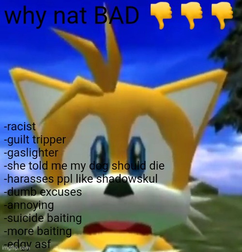 Dreamcast Tails | why nat BAD 👎👎👎; -racist
-guilt tripper
-gaslighter
-she told me my dog should die
-harasses ppl like shadowskul
-dumb excuses
-annoying
-suicide baiting
-more baiting
-edgy asf | image tagged in dreamcast tails | made w/ Imgflip meme maker