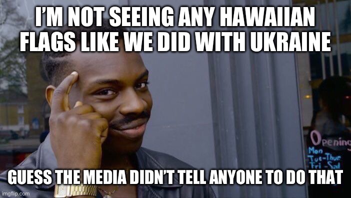 Roll Safe Think About It Meme | I’M NOT SEEING ANY HAWAIIAN FLAGS LIKE WE DID WITH UKRAINE; GUESS THE MEDIA DIDN’T TELL ANYONE TO DO THAT | image tagged in memes,roll safe think about it | made w/ Imgflip meme maker