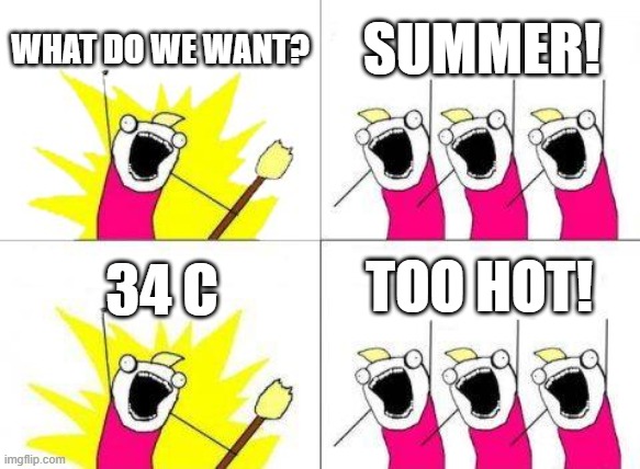 too hot for summer | WHAT DO WE WANT? SUMMER! TOO HOT! 34 C | image tagged in memes,what do we want | made w/ Imgflip meme maker