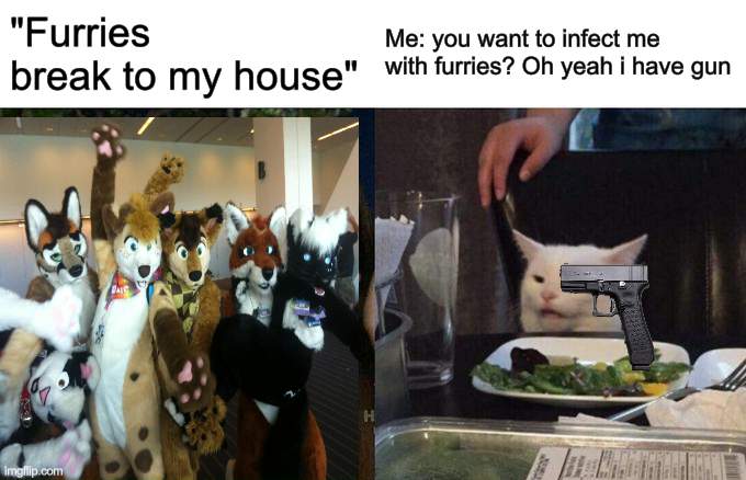first anti furry image (furry needs to zoophile.) | "Furries break to my house"; Me: you want to infect me with furries? Oh yeah i have gun | image tagged in memes,woman yelling at cat,furries,furry,anti furry,anti furries | made w/ Imgflip meme maker
