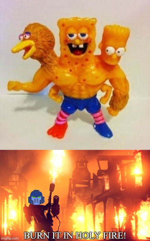 The trio in one body | image tagged in burn it in holy fire 1,big bird,bart simpson,cursed image,memes,spongebob squarepants | made w/ Imgflip meme maker