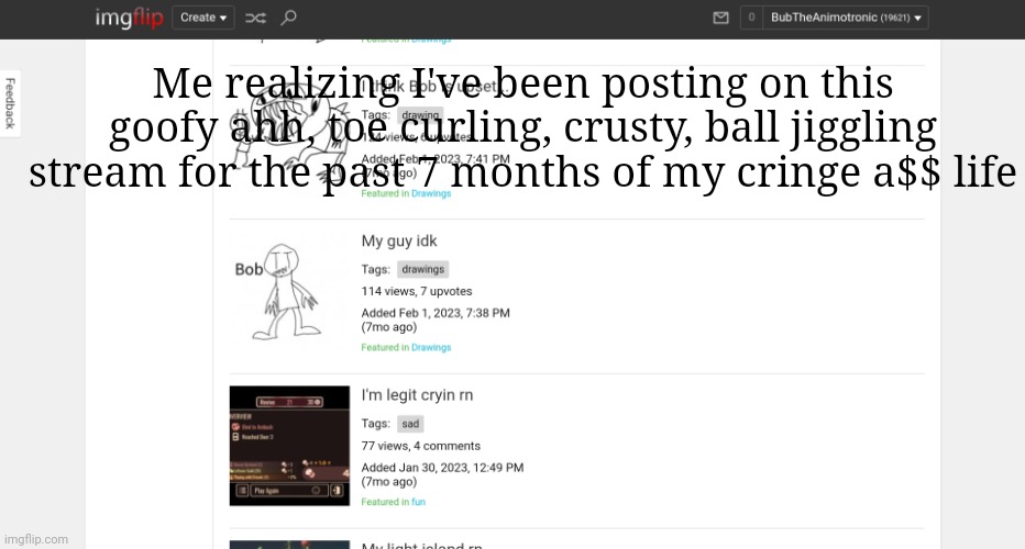 I'm going insane | Me realizing I've been posting on this goofy ahh, toe curling, crusty, ball jiggling stream for the past 7 months of my cringe a$$ life | made w/ Imgflip meme maker