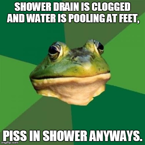 Foul Bachelor Frog | SHOWER DRAIN IS CLOGGED AND WATER IS POOLING AT FEET, PISS IN SHOWER ANYWAYS. | image tagged in memes,foul bachelor frog,AdviceAnimals | made w/ Imgflip meme maker