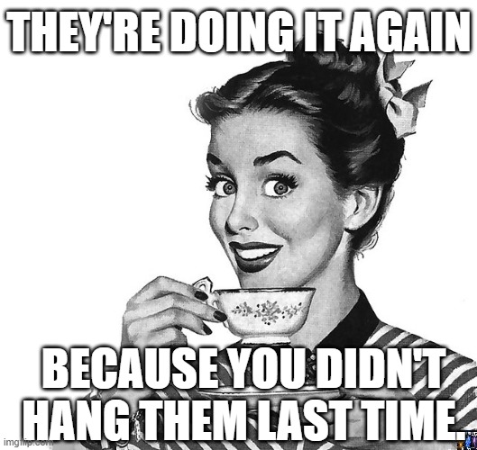 coof | THEY'RE DOING IT AGAIN; BECAUSE YOU DIDN'T
HANG THEM LAST TIME. | image tagged in retro woman teacup,covid-19,vaccines,lockdown | made w/ Imgflip meme maker