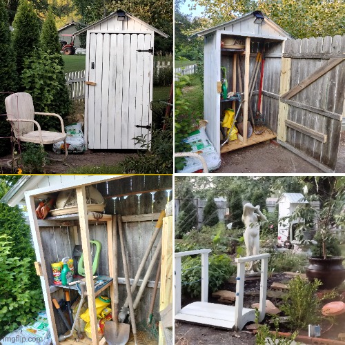 Asked Hubby To Build A Tool Shed For The Garden ... Out Of Old Fence Panels | image tagged in garden,gardening,tool shed,shabby chic tool shed,memes | made w/ Imgflip meme maker