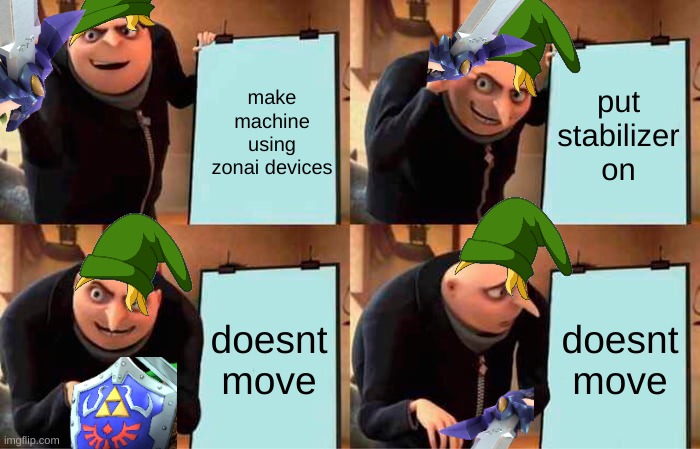 Gru's Plan Meme | make machine using zonai devices; put stabilizer on; doesnt move; doesnt move | image tagged in memes,gru's plan | made w/ Imgflip meme maker